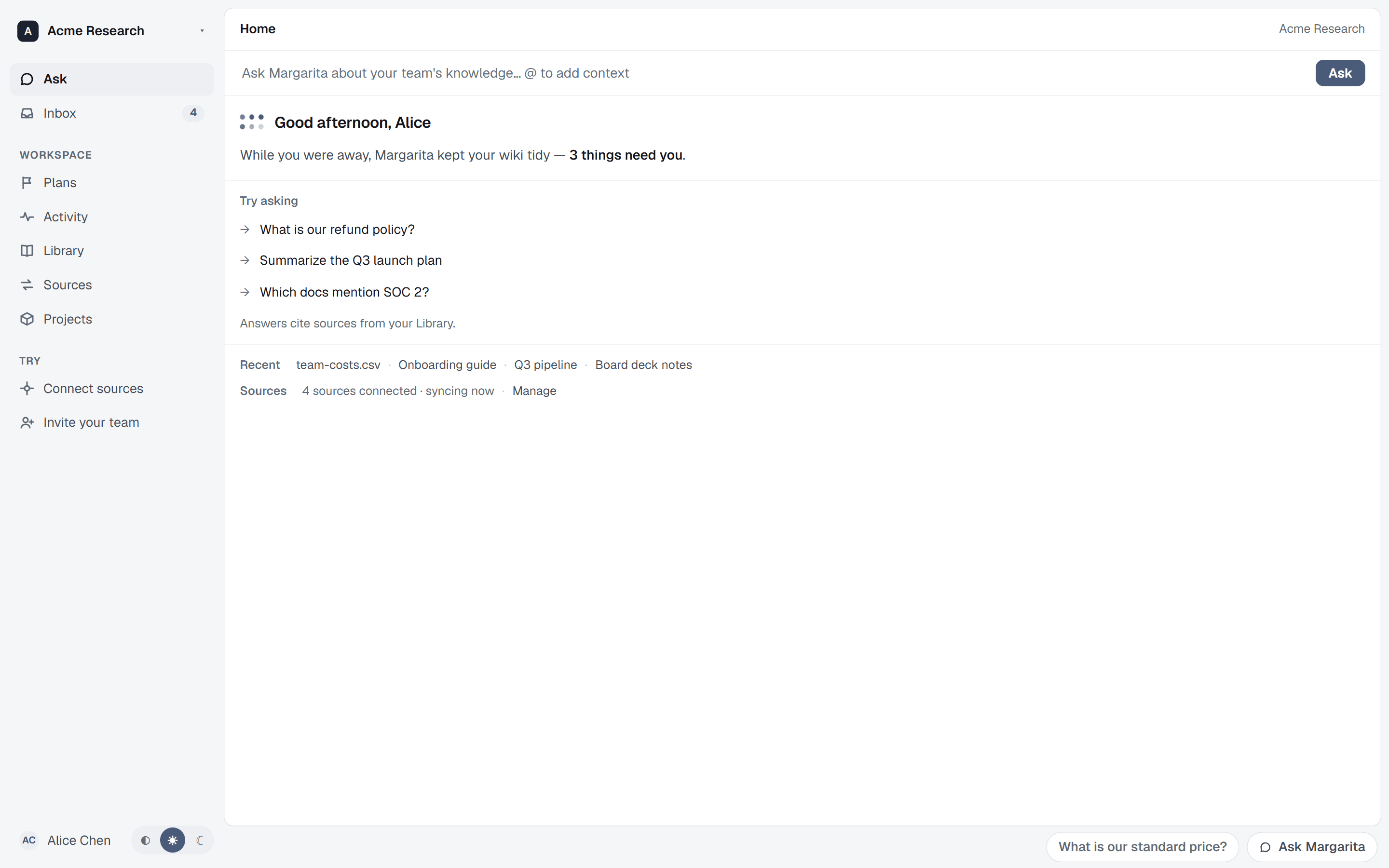 The ran workspace home screen — an ask bar over the company's connected sources.