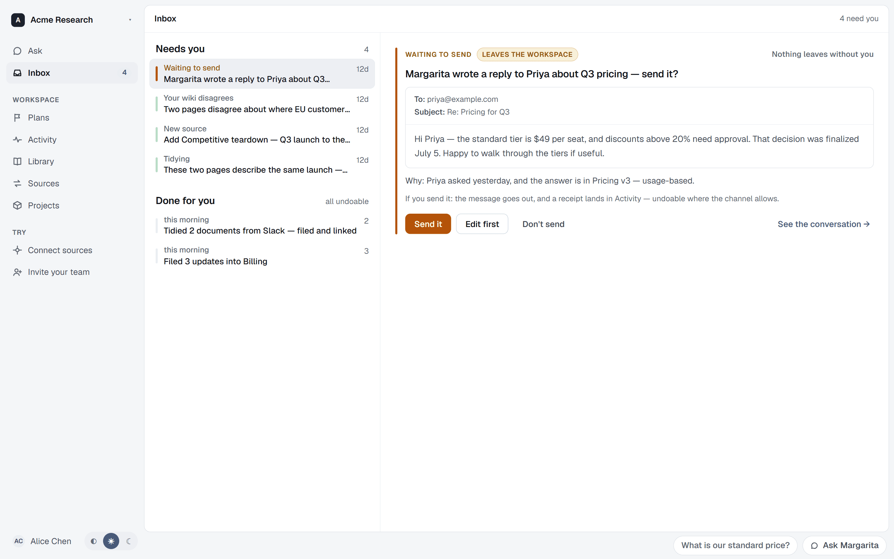 The ran inbox: an approval card flagged 'Leaves the workspace' holding an outward message until you approve it.