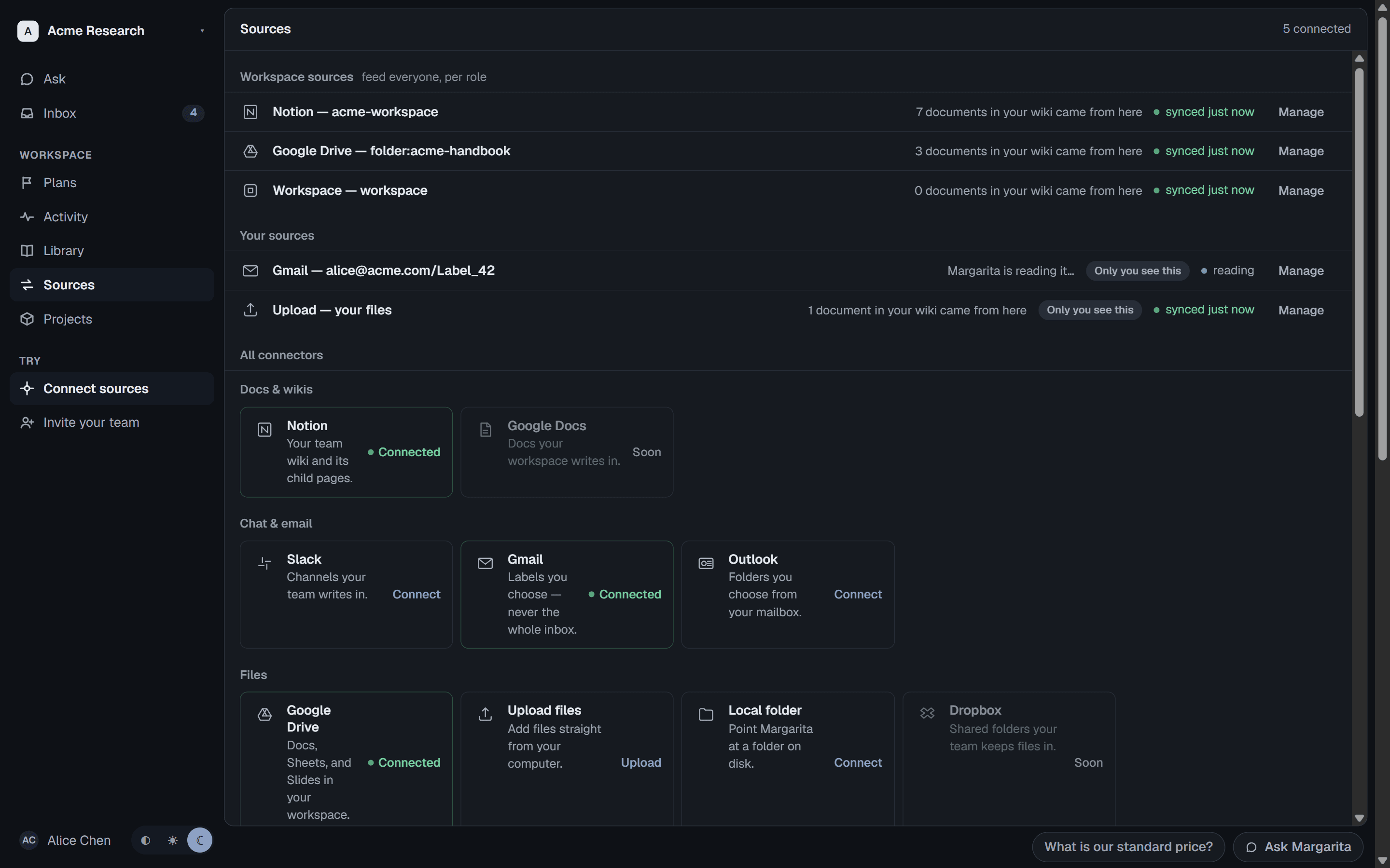 ran's sources screen: the connector catalog — Notion, Slack, Gmail, Drive, Linear, GitHub and more — the breadth of tools ran runs from one place.