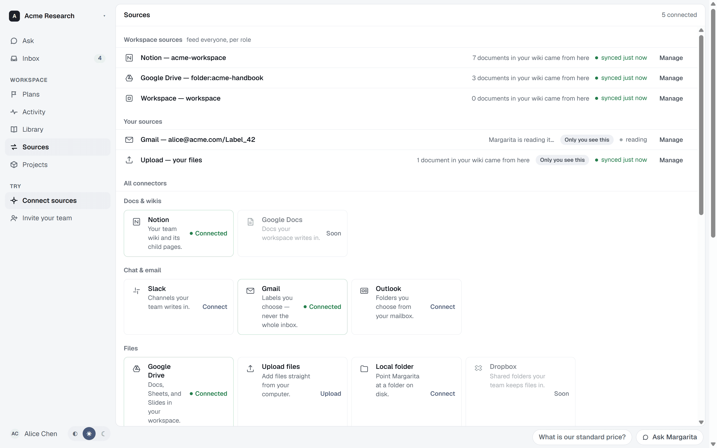 ran's sources screen: the connector catalog — Notion, Slack, Gmail, Drive, Linear, GitHub and more — the breadth of tools ran runs from one place.