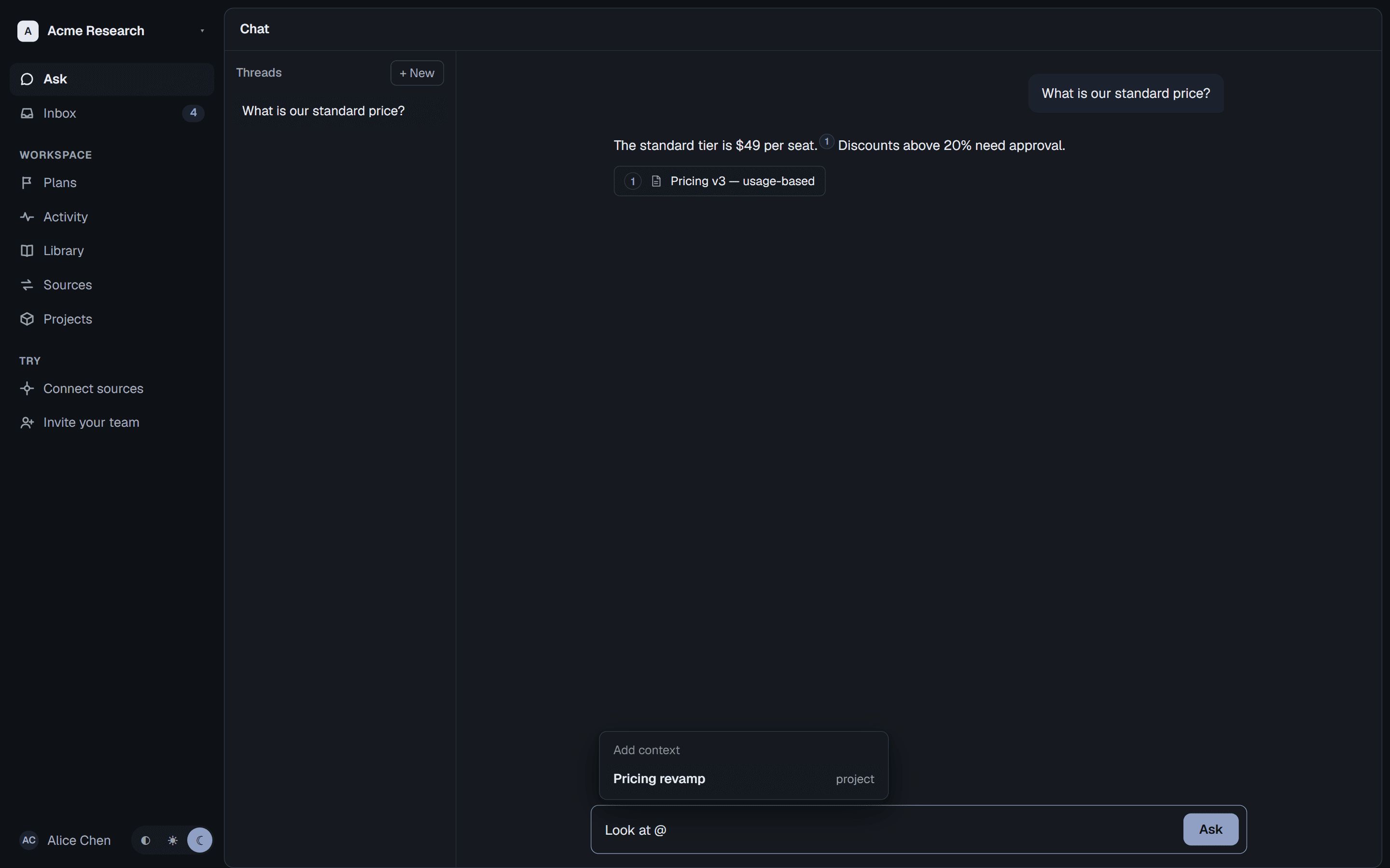 The ran composer with an @-mention open: typing @ surfaces an Add-context popover suggesting the Pricing revamp project.