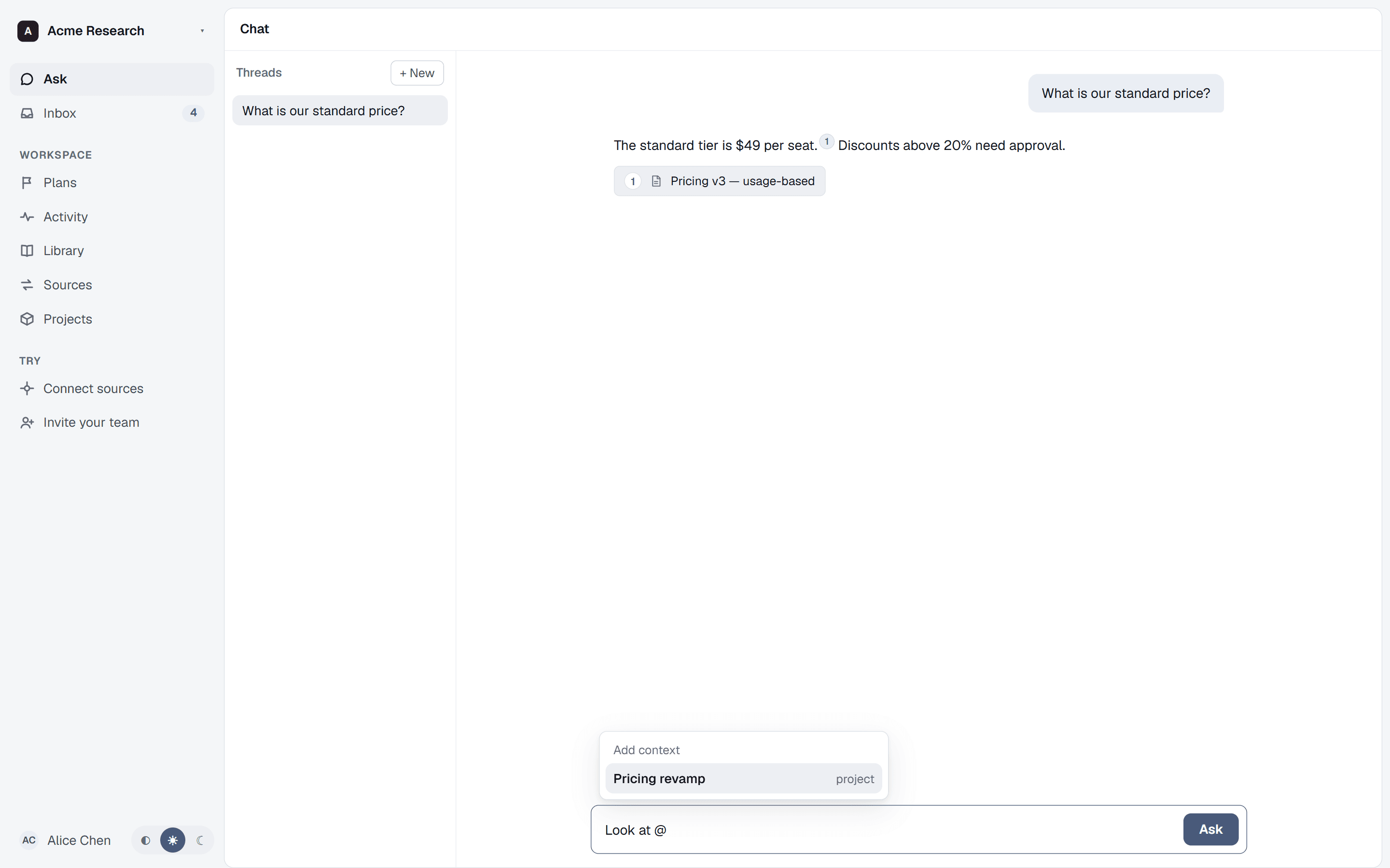 The ran composer with an @-mention open: typing @ surfaces an Add-context popover suggesting the Pricing revamp project.